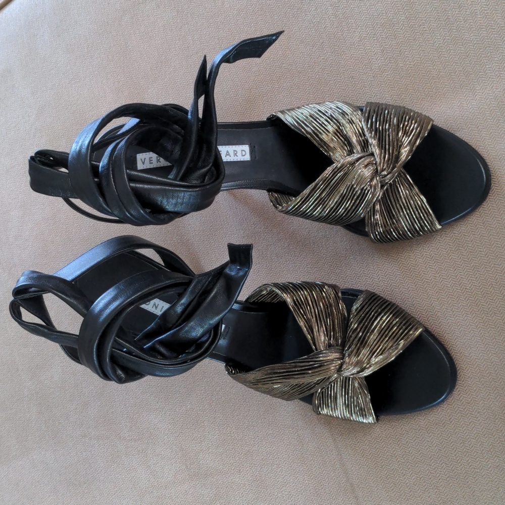 NWOT Veronica Beard Calida 4.25" Sandal Heel in Gold/Black Size 41 - Picture 4 of 10